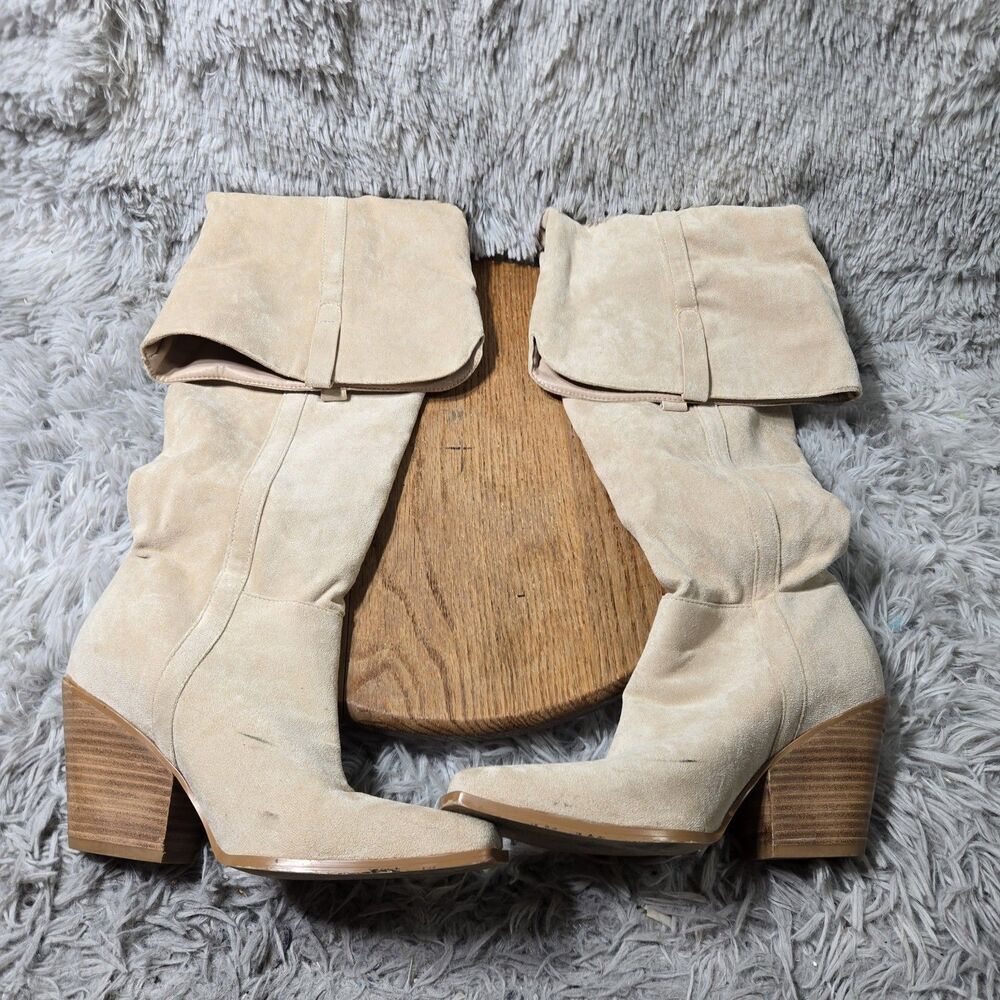Bohemian Over The Knee Heeled Boots Western Womens 8 Fabric Tan Retro Boots